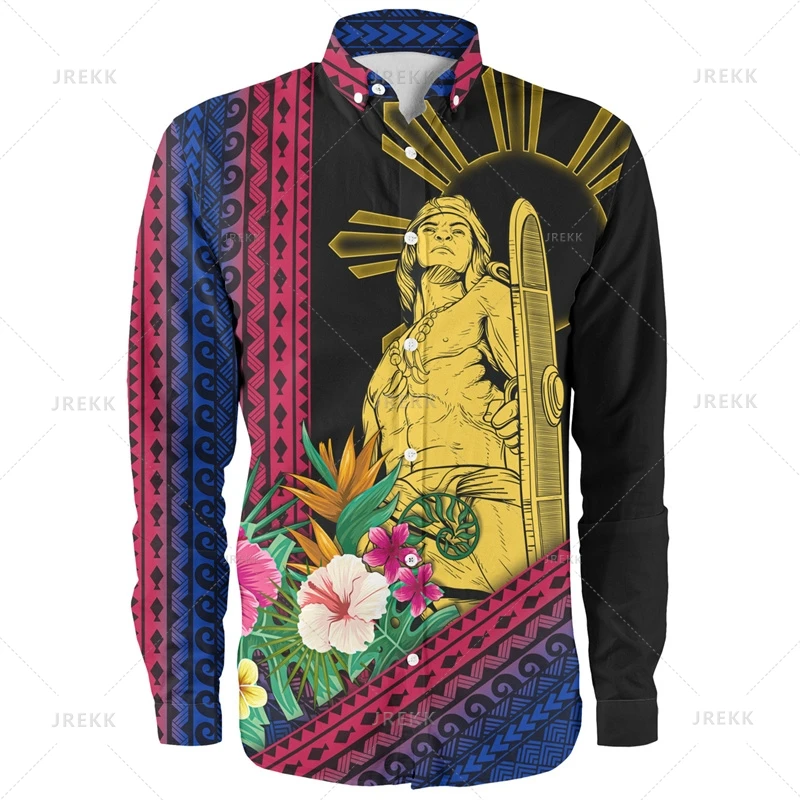 Small Size 3D Print Philippines Ethnic Emblem Long Sleeve Shirts Mens Philippines Tribal Patterns Graphic Shirts & Blouses Tops