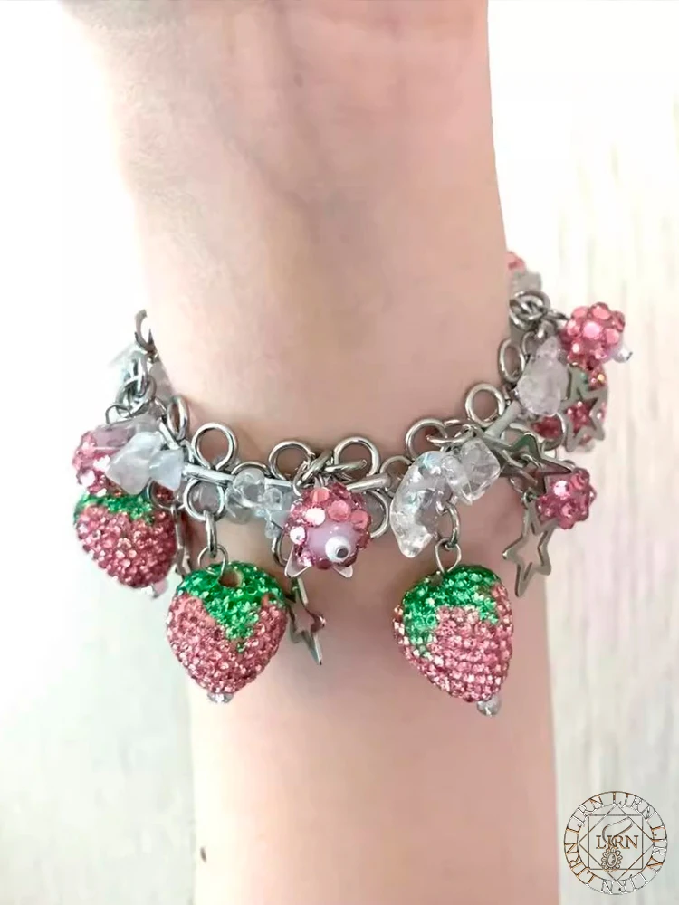 2025 New Bracelet Strawberry Shiny Rhinestone Y2K Cute INS Pink Metal Trendy Accessaries for Women Girl Gifts Jewelry