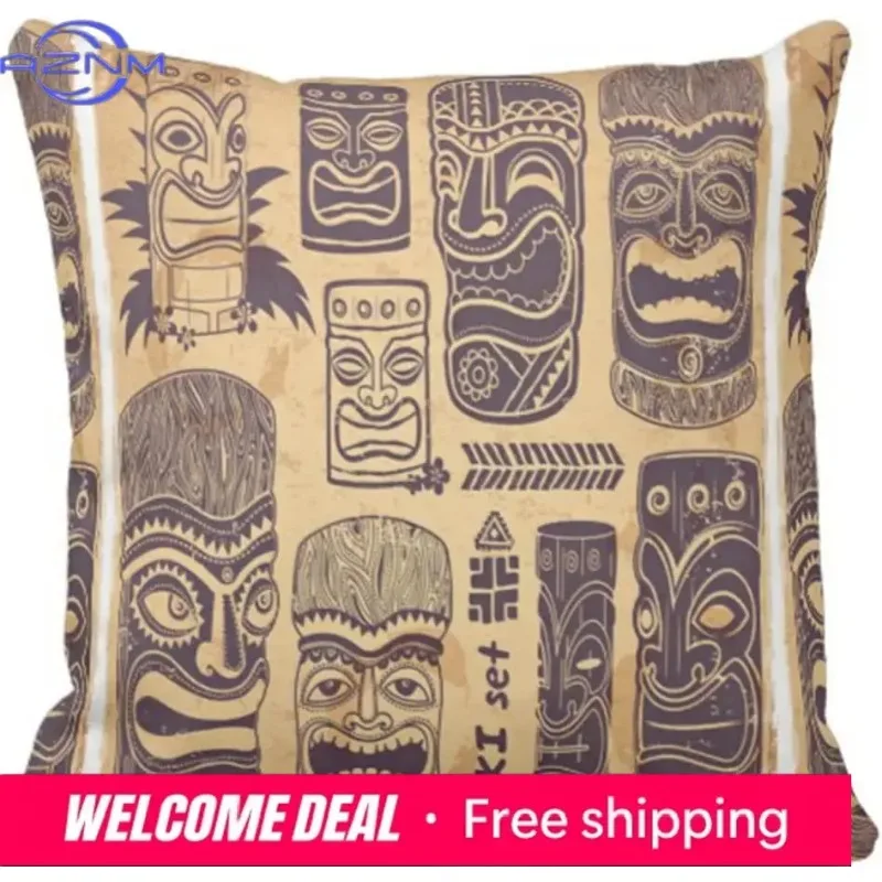 Throw Pillow Cover Cool Grunge Vintage Tiki Set Decorative Pillow Case Tribal Home Decor Square 18 x 18 Inch Cushion Pillowcase