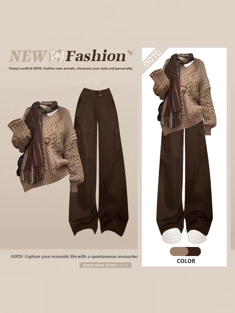 

Женский вязаный свитер и брюки с широкими штанинами, комплект с V-образным вырезом, свободный крой, повседневный осенне-зимний модный ансамбль