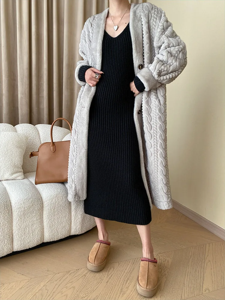 UCXQ Moda Giacca Lunga Stile Europeo Elegante Allentato Con Scollo A V Confortevole Caldo Cappotto di Pelliccia Sintetica Delle Donne 2024 Nuovo Autunno Inverno 23C1270