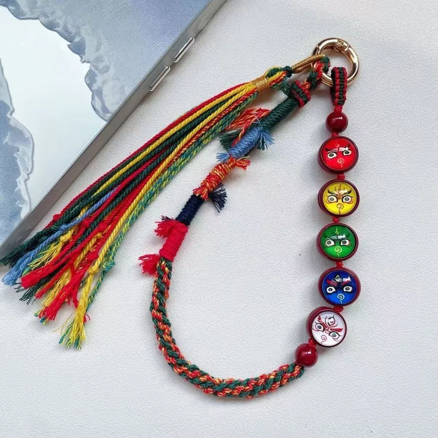 Tibetische Quaste mit Kupfermünzen und Perlen, Vajra-Stößel-Anhänger, gewebtes Lanyard, DIY-Schlüsselanhänger, Handyriemen, Taschen- und Auto-Hängeaccessoire – Detail 2