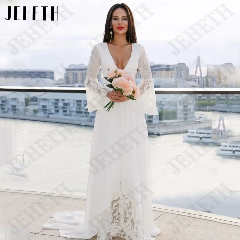 JEHETH Deep V-Neck Chiffon A Line Vestido De Noiva Full Flare Sleeve Apliques Vestido De Noiva Voltar Zipper Custom Made vestidos de noviaJEHETH Deep V-Neck Chiffon A Line Vestido De Noiva Full Flare Sleeve Apliques Ve