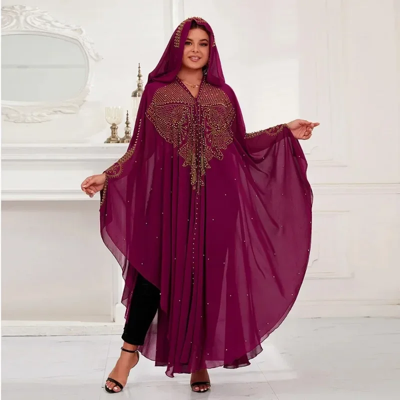 Chiffon African Hooded Dresses for Women 2023 Traditional Nigeria Hot Drill Bead Caftan Dress Abaya Musulman Robe Femme Clothes