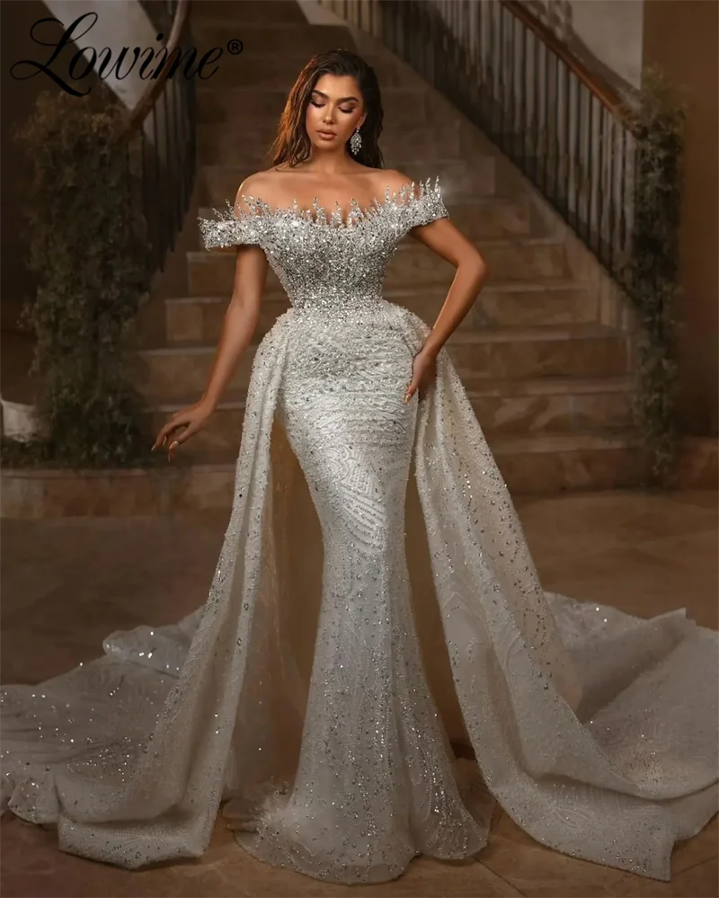 Haute Coutures 2025 Ivory Mermaid Prom Dresses Sparkly Crystals Pearl Arabic Dubai Evening Dress Off The Shoulder Robe De Soiree