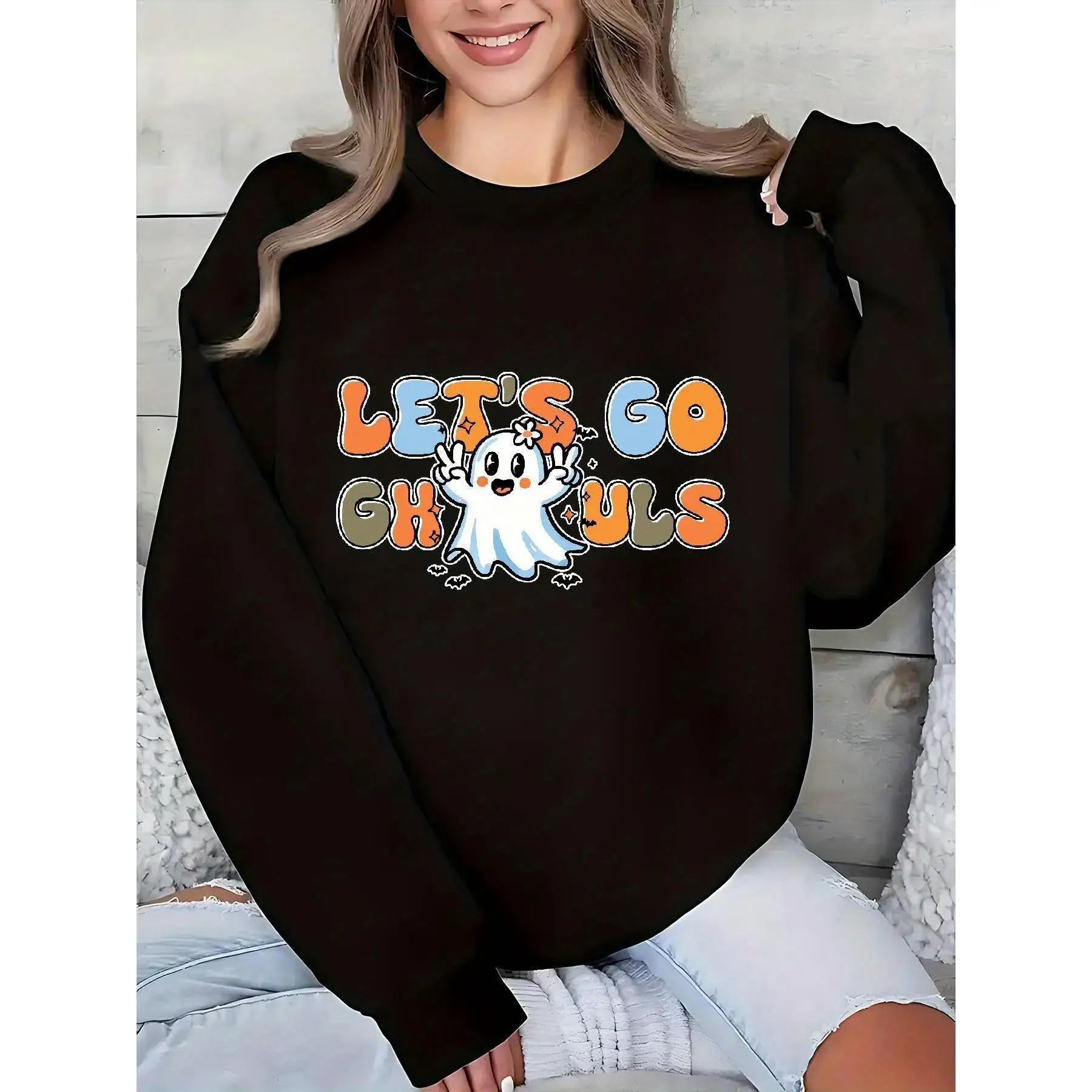 

"Let's Go Ghouls" Halloween Graphic Sweatshirt, Cute Ghost Print Crewneck Jumper, Spooky Party Top for Women