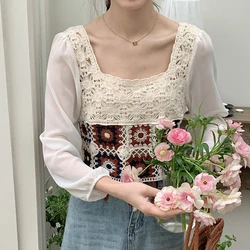 Granny Square Crochet Top Women Square Neck Long Sleeve Open-Knit Embroidery Floral Blouse Summer Fairycore Cottagecore Outfit