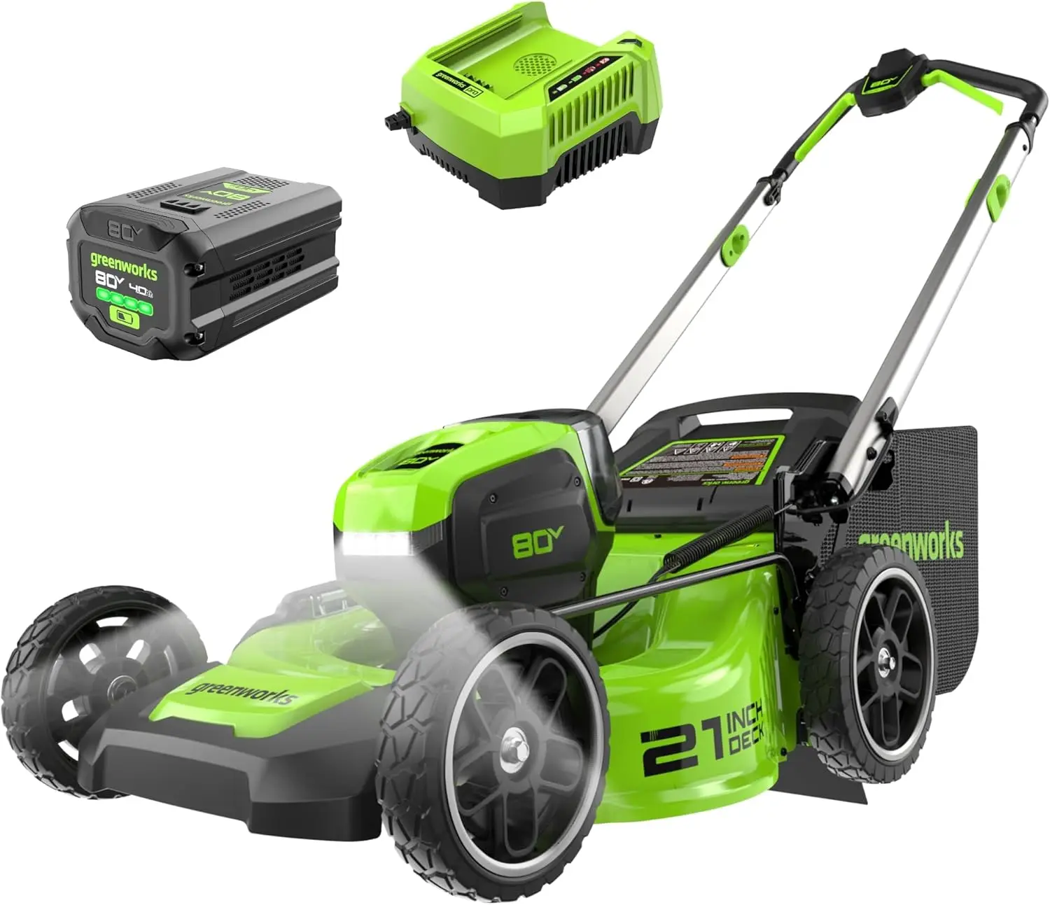 

Greenworks 80V 21" Brushless Cordless (Push) Lawn Mower (LED Headlight + Aluminum Handles), 4.0Ah Battery and Rapid Charger Incl