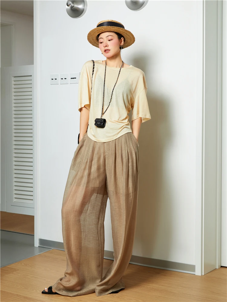 

Sun Protection Folded Texture Long Straight Leg Pants Floor Length Wide Leg Thin Summer Casual Trousers for Women