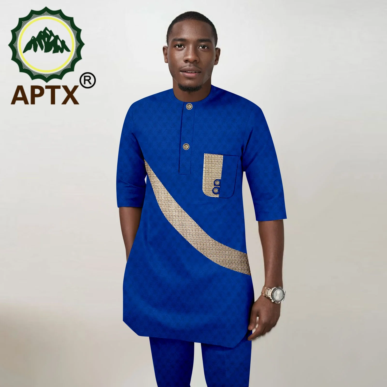 Bazin Riche Attire New Fashion African Clothing for Men O-neck Shirt with Pocket Full Length Pants Wedding Party Gown 2416097