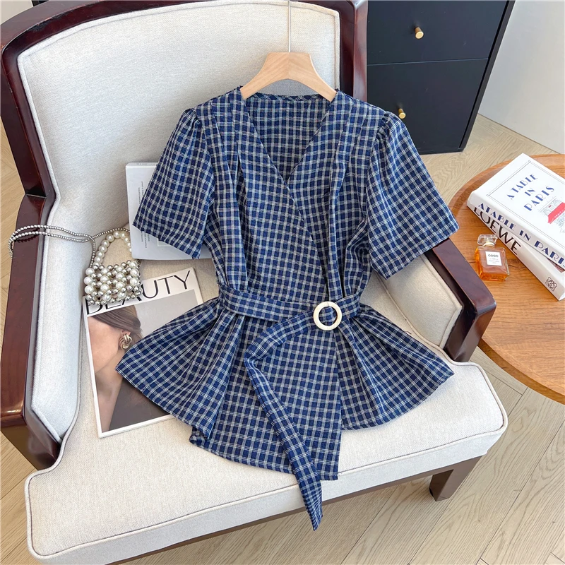 Chic Plaid Shirt Women Summer Harajuku Fashion V Neck Short Sleeve Top Korean Sweet Slim All Match Female Casual Blouse New