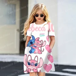 Summer Hot Sale Disney Blue Pink Stitch Girl Birthday Party Casual Dress KID/Adult Parent-Child Dress 3D Printed Love Cartoon