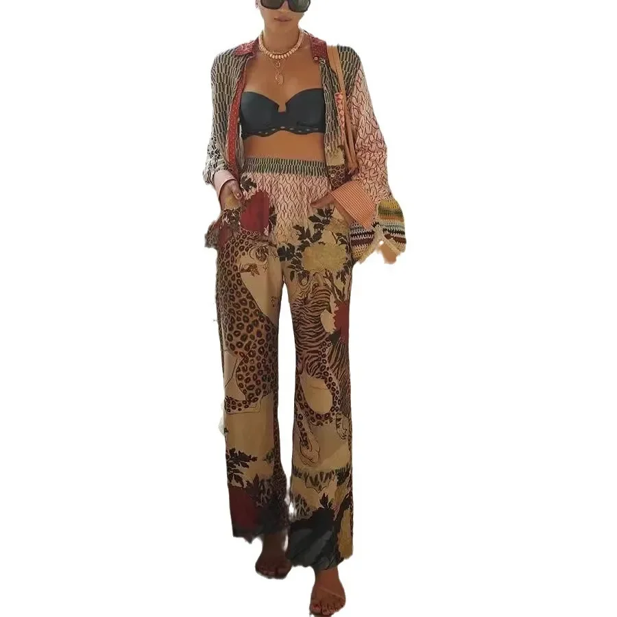 ليوبارد مطبوعة بنطال ذو قصة أرجل واسعة مجموعات النساء خمر واحدة الصدر رفض كولور 2024 جديد شيك ربيع الخريف سيدة بلوزة الدعاوى