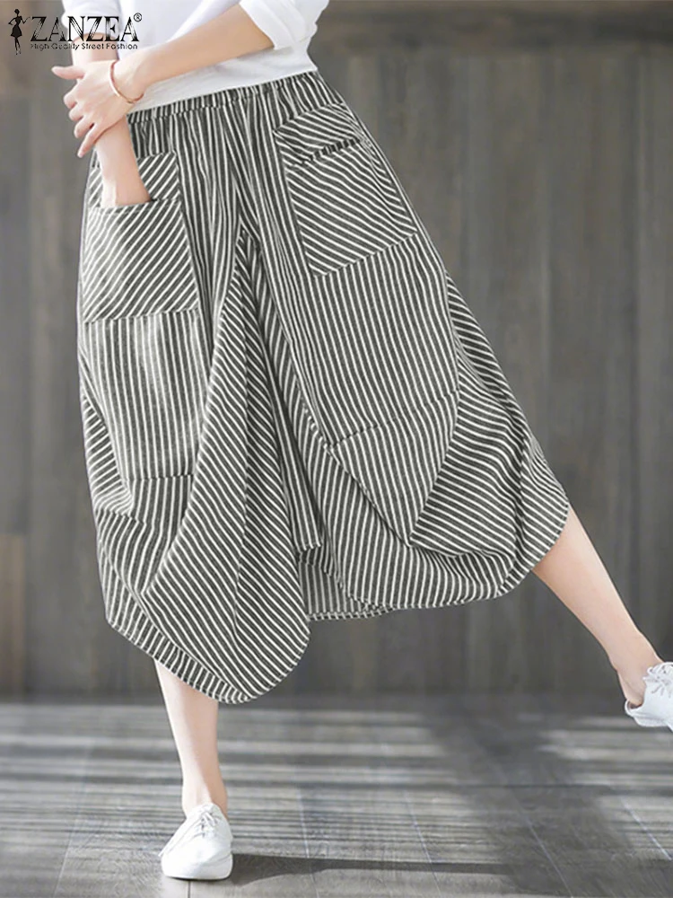 ZANZEA 2025 Casual Loose Striped Harem Pants Korean Style Big Pockets Trousers Vintage Pleated Elastic Waist Calf-Length Bottoms