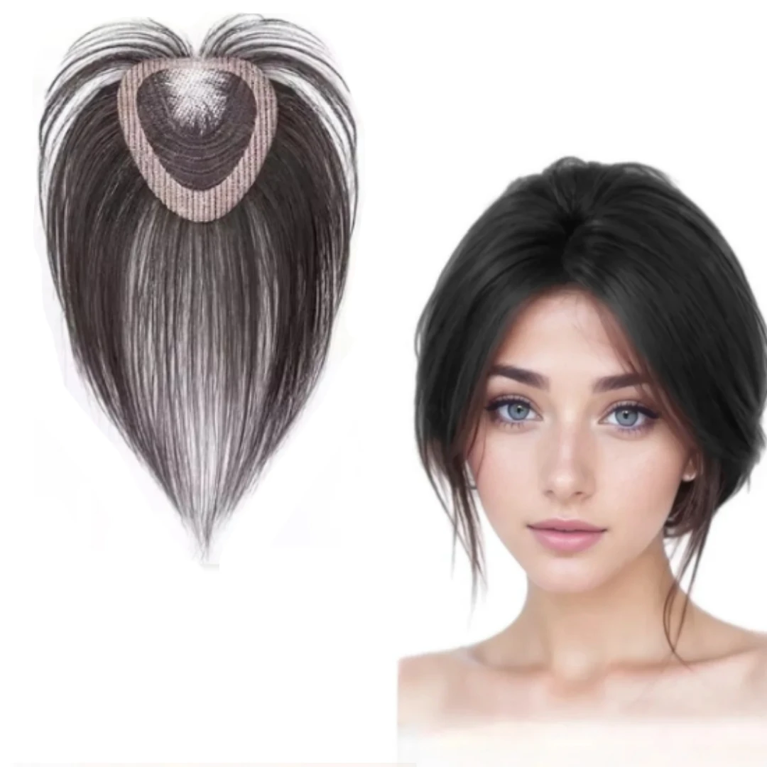 

No Clip Human Hair Topper for Women Lace Center Hair Topper with Hook-and-Loop Edges Invisible Hairpiece for Thinning Hair Cover