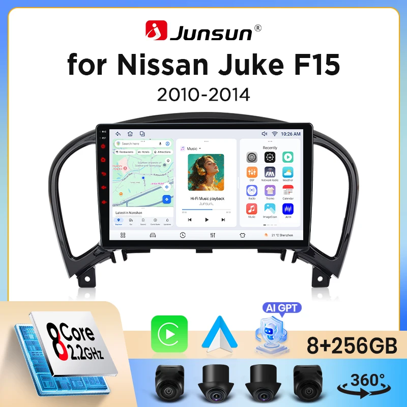 Autoradio Junsun sans fil CarPlay Android Auto pour Nissan Juke (F15) 2010-2019 avec ventilateur de refroidissement intégré, navigation GPS Android, lecteur multimédia, WiFi, DSP, RDS, BT, SWC, écran