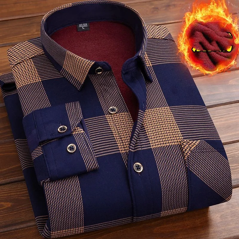 

Men's Autumn Winter Turn-down Collar Checkered Contrasting Button Pockets Striped Printed Long Sleeve Cardigan Shirts Tops