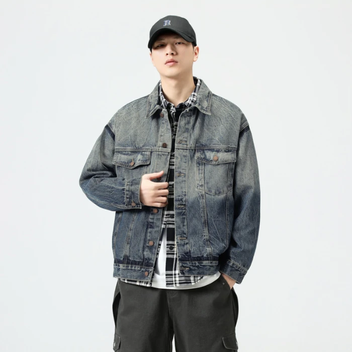 2025 خريف جديد وصول الأمريكية خمر غسلها الدنيم سترة-الرجال استرخاء صالح ريترو الأزرق عادية كم طويل معطف حجم كبير 4XL