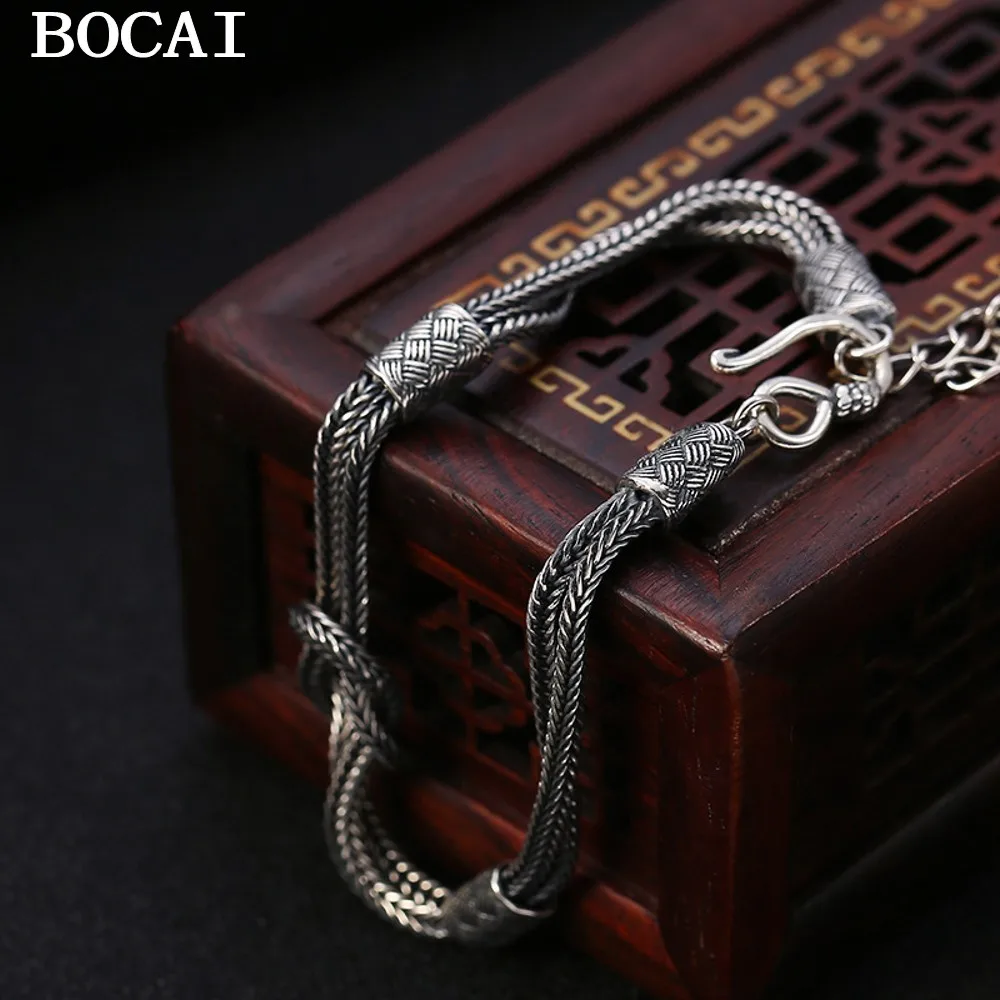 BOCAI New S925 Sterling Silver Bracelet for Men Women Hand-woven Rope Couples Simple Fashion Punk Jewelry Wholesale