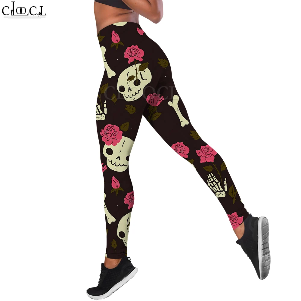 CLOOCL-Leggings con estampado de calavera rosa para mujer, pantalones con estampado 3D para entrenamiento femenino, Push Up, trotar, pantalones elásticos de cintura alta