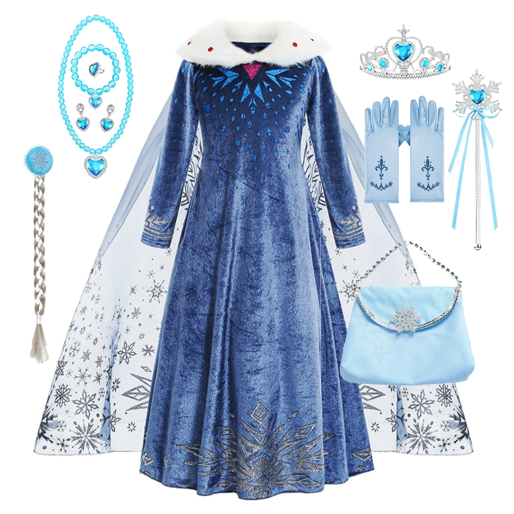 

Платье Эльзы для девочек, зимний костюм принцессы, детская вечерняя одежда для косплея с длинными рукавами, длинное платье Снежной королевы для дня рождения