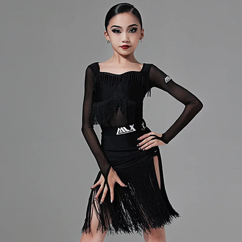 Black Tassel Latin Dance Dress Girls Long Sleeve Competition Suit Top Split Skirt Rumba Tango Dance Stage Performance Wear AMY66