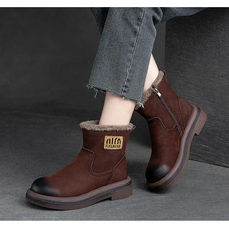 

2025 4cm Suede Genuine Leather Concise Women Autumn Winter Plush Ankle Boots Chelsea Flats Platform Wedge Casual
