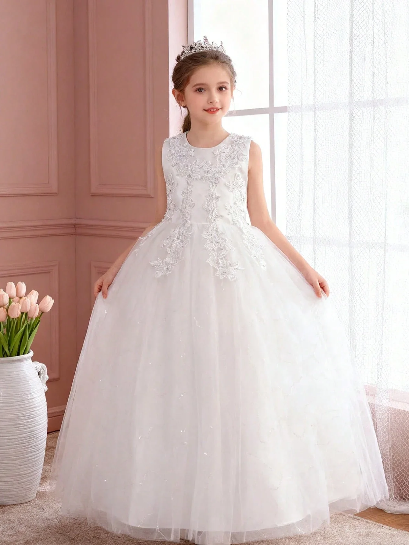 

Elegant White Lace Floral Embroidered Formal Ball Gown Dress