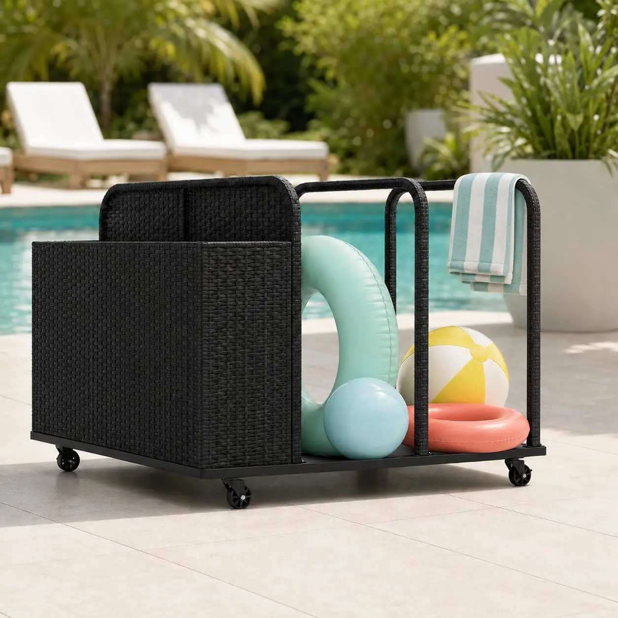 Rolling Poolside Float Storage, Pool Storage Bin, Outdoor Storage Organizer PE Rattan Pool Towel Rack for Floaties, Pool Accesso