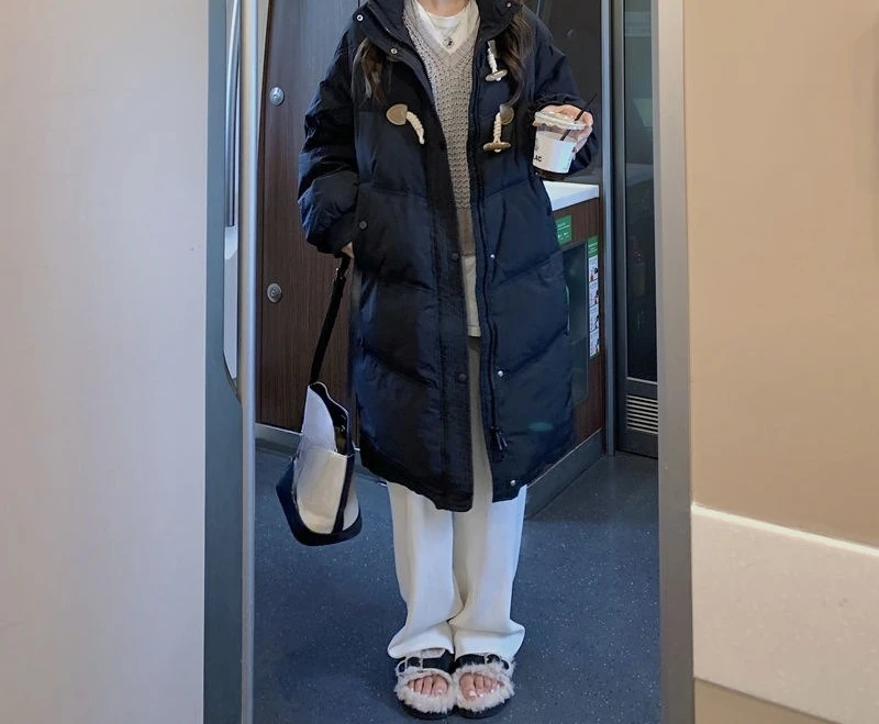 Cow Horn Button New Cotton Jacket, Down Cotton Jacket, Women's Winter Coat, Loose and Thick, Medium To Long Style