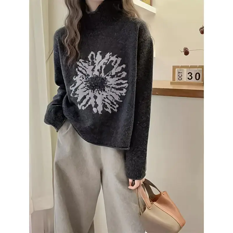 Koreanischen Stil Rollkragen Jacquard Gestrickte Pullover 2025, Herbst Winter Frauen Solide Pullover Weibliche Weiche Pullover Casual Bottom Shirt