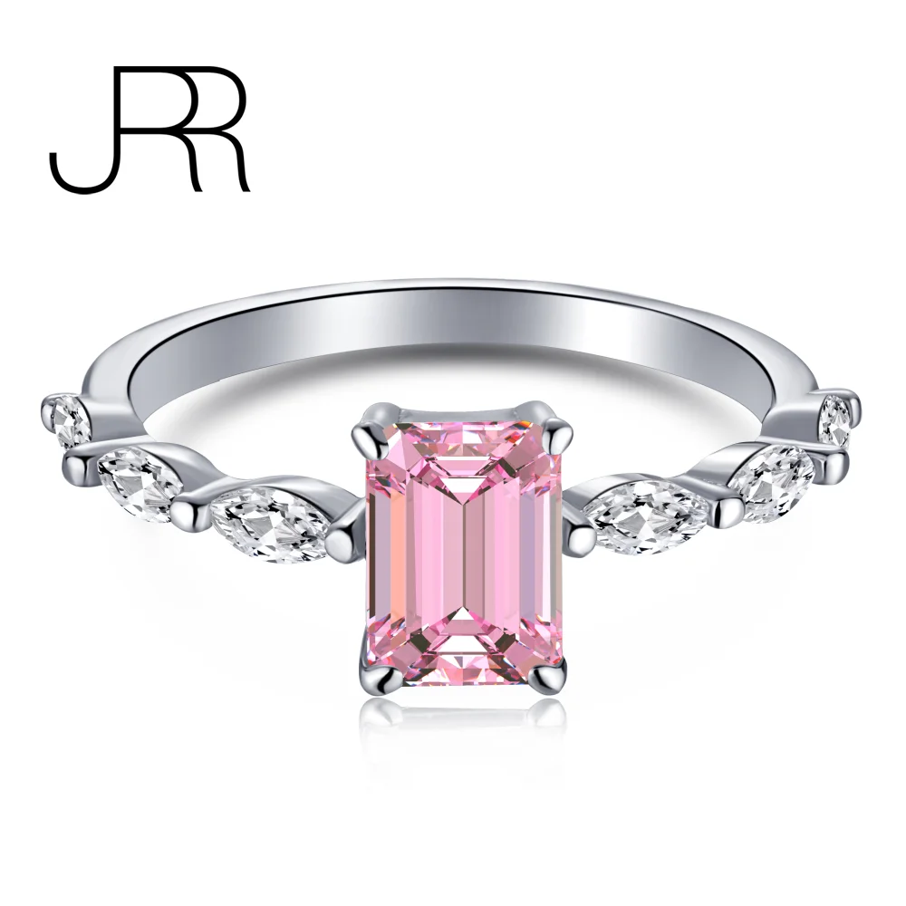 

JRR Fashion Fine Sterling Silver Pink Rectangle 1ct Created Diamond Women Girls Rings For Wedding Engagement Gifts Free Shipping