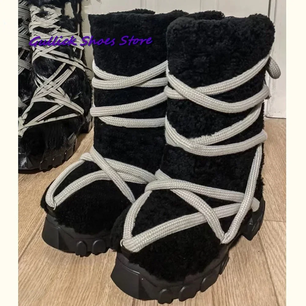 Women Black Plush Thick Sole Snow Boots Fur Cross Strap Man Winter Fashion Warm Dress Daily Black New Women Outwear Shoes