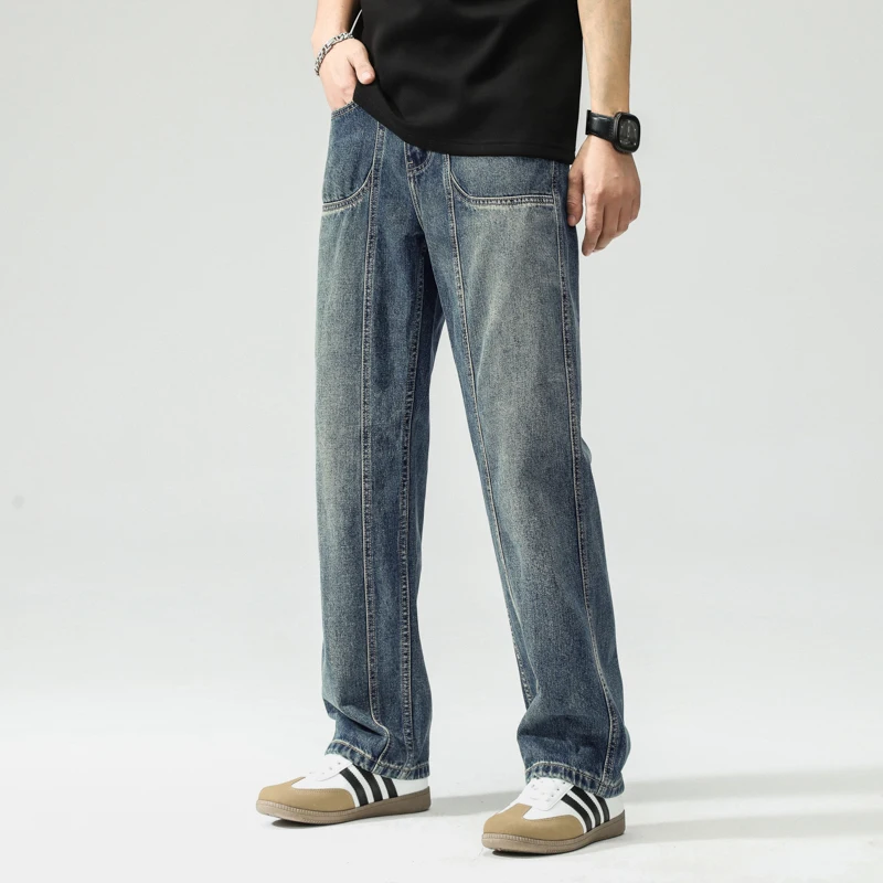 2025 Spring Autumn New Vintage Straight-Leg Jeans Men's American Style Trendy High Street Loose-Fit Wide-Leg Dragging Pants