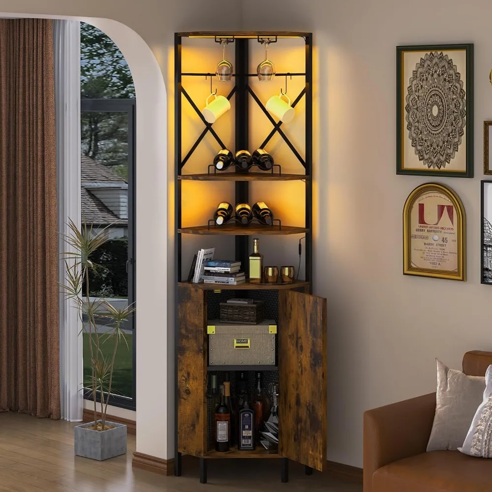 Corner Wine Cabinet with Power Outlet & LED Light, 6-Tier Industrial Corner Bar Cabinet w/Glass Holder & 2 Flexible Hooks, Corne