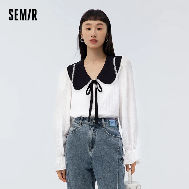 Semir Long Sleeve Blouse Women Contrast Color Gentle Sweet Style 2023 Spring New Style Girl Feeling Large Lapel Texture Shirt