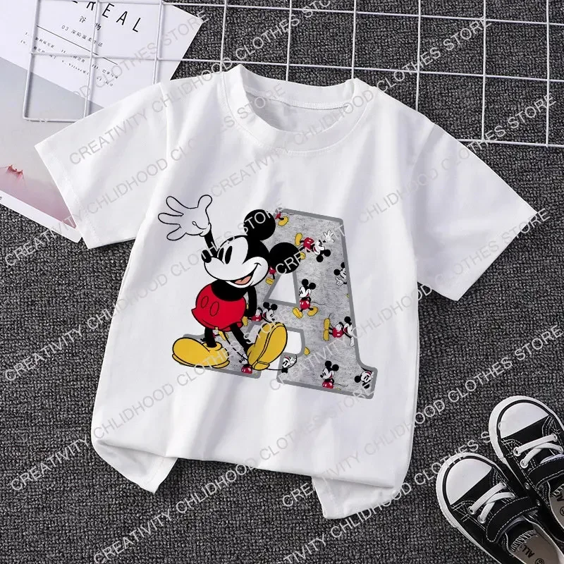 Mickey Mouse Children\'s T-Shirt Letter A B C Name Combination Tee Shirts Disney Cartoons Kawaii Kid Casual Clothes Girl Boy Tops