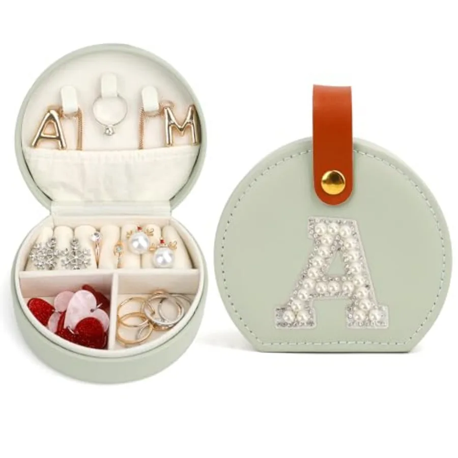 

Mini Travel Jewelry Box with Initial A Birthday Gifts Mothers Day Small Jewelry Travel Case for Women Girls Teens Olive Green A