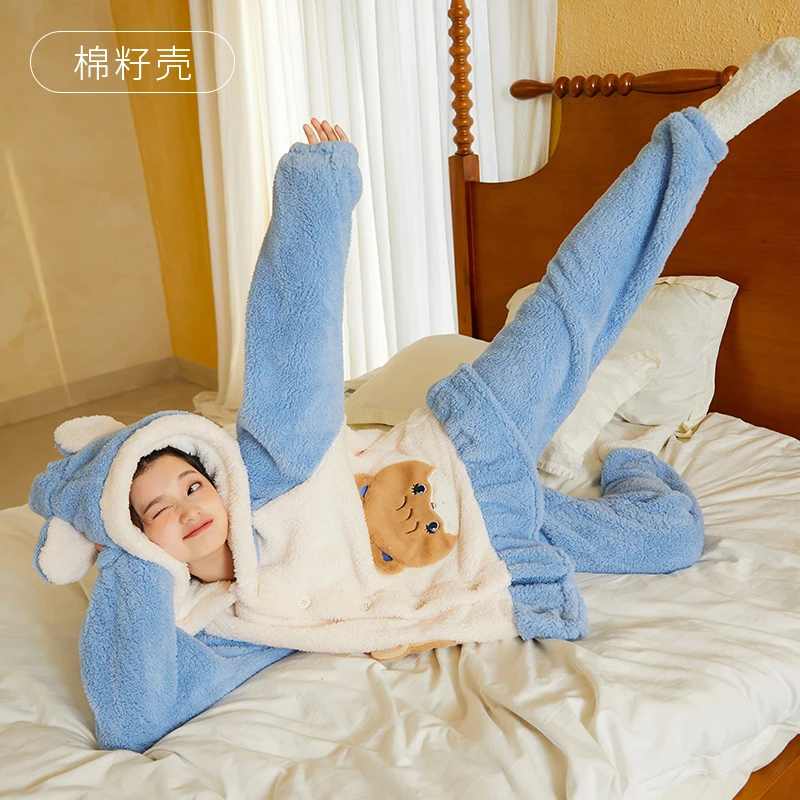 

Mikko Winter Fall Pajamas Kawaii Female Blue Clothes With Coral Velvet Home Wear Velvet And Thick Warm Soft Plushine Clothe Gift