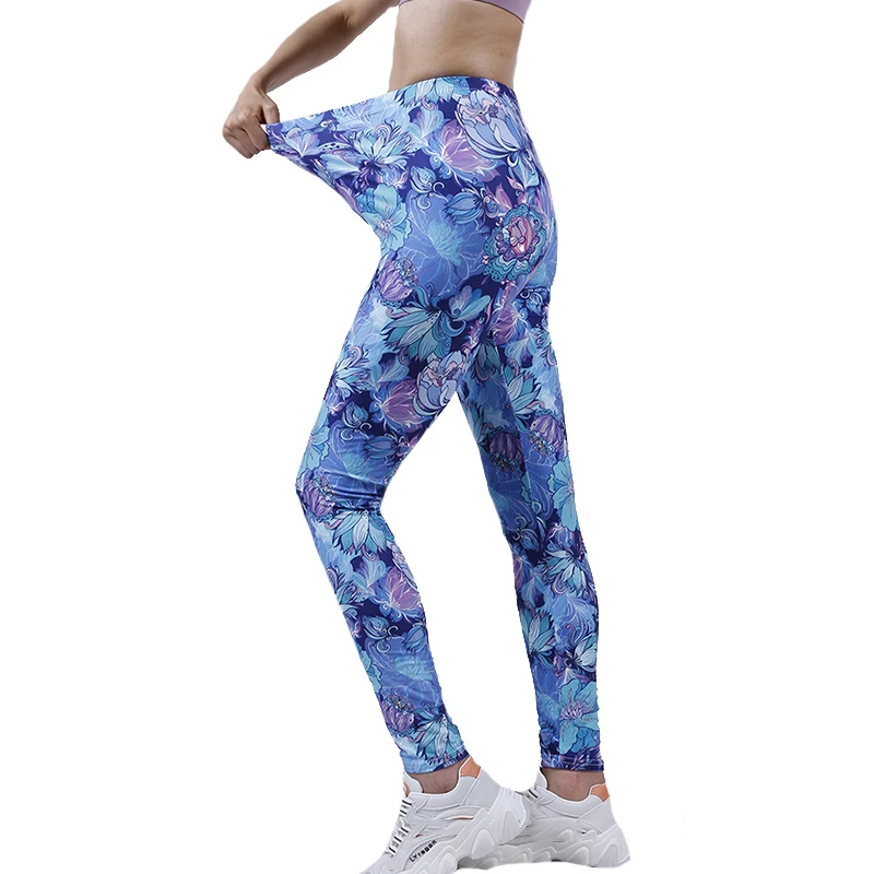 PD319 Niebieskie legginsy z płatkami kwiatów Outdoor Sports Cropped Stretch Pants