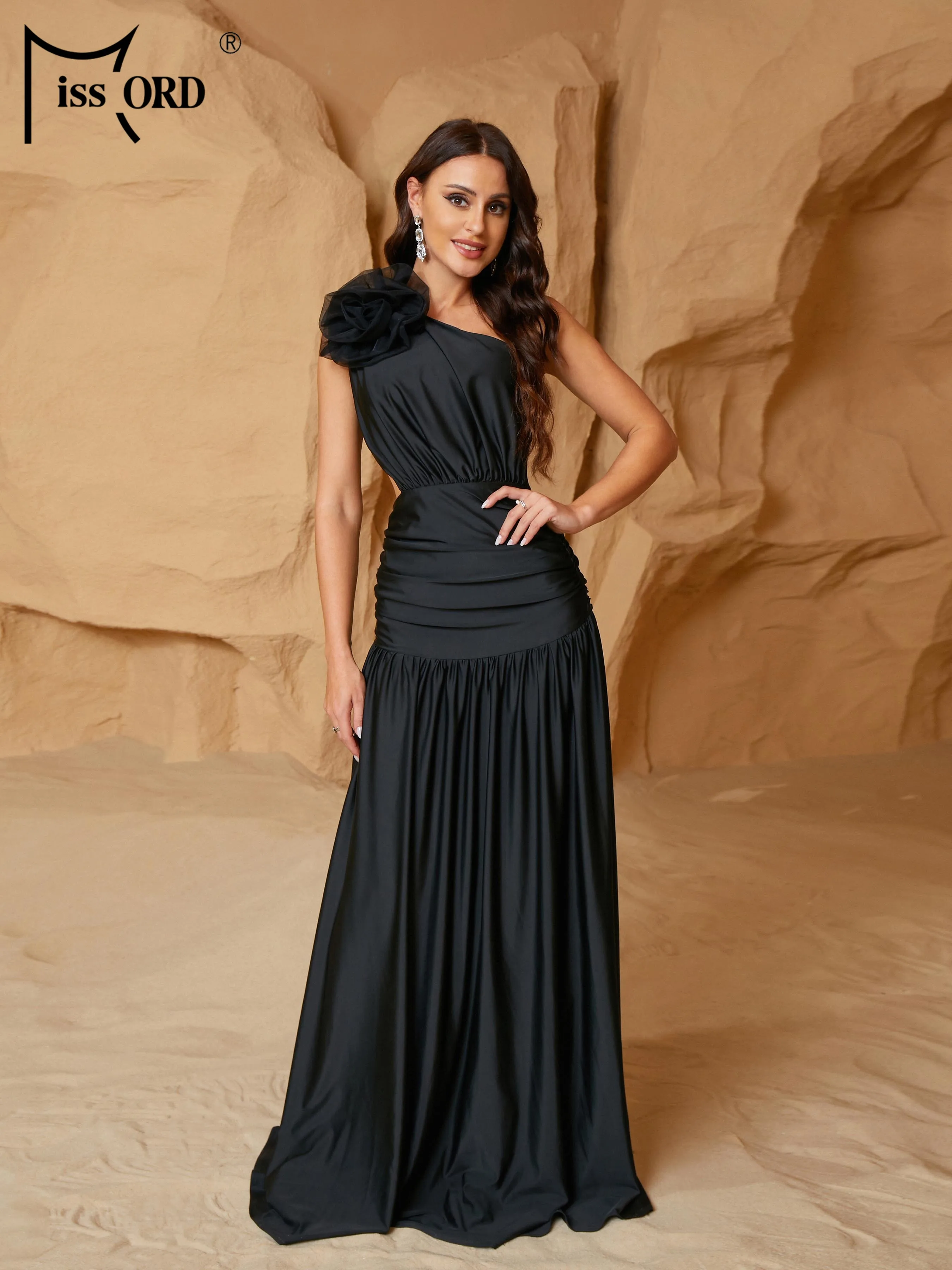 

Missord New 2024 High Quality Luxury Dress Black Floral One Shoulder A-Line Evening Prom Party Dress