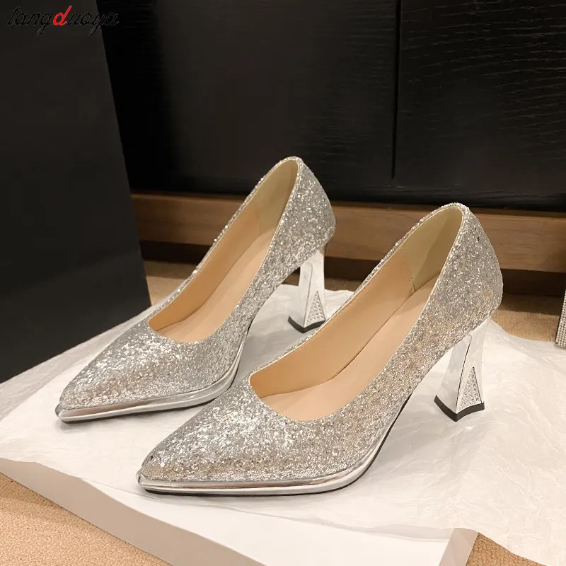 Gold Silver Sequins Women Pumps 2024 Luxury Elegant High Heel Party Wedding Shoes Woman sexy Pointed Toe shallow cut Pumps Mujer