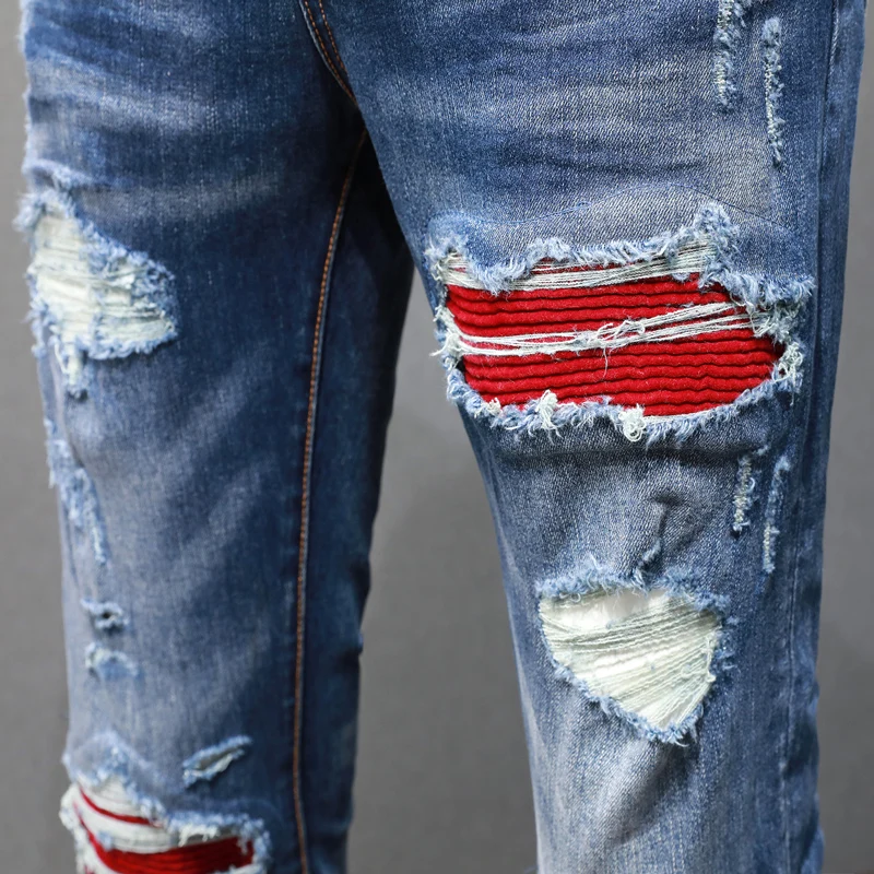 

High Street Fashion New Men's Jeansy2k Washed Nostalgic Perforated Red Skin Patch Blue Jeans Designer Hip Hop Brand Pants Hombre