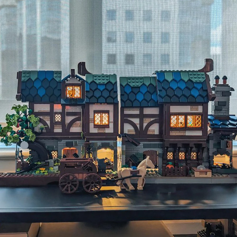 Nova marca moc edifício medieval ferreiro canto modelo blocos de construção aldeia livro canto crianças brinquedo diy presente natal