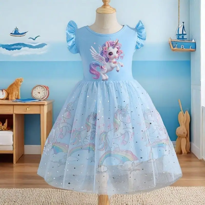 

2025 New Girls Dress Unicorn Summer Kids Clothes Children Princess Baby Girl Toddler Short Sleeve Birthday Party Dresses Rainbow