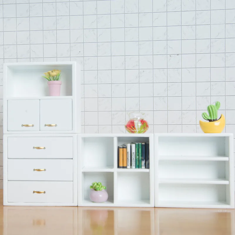 Juego de gabinete blanco DIY en miniatura para casa de muñecas 1:12, muebles de exhibición realistas para decoración y manualidades de casa modelo