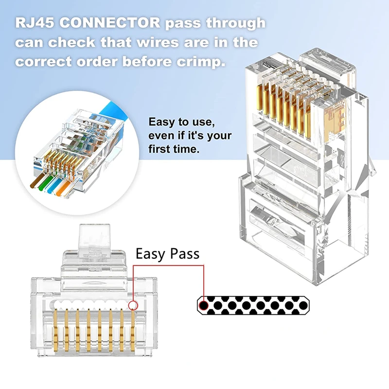 Passthrough RJ45 Connector Cat5 Cat5e Cat6 Cat6A Connector UTP Gold Plated RJ45 Modular Plug 8P8C Network Cable 1.0/1.1/1.2 Jack