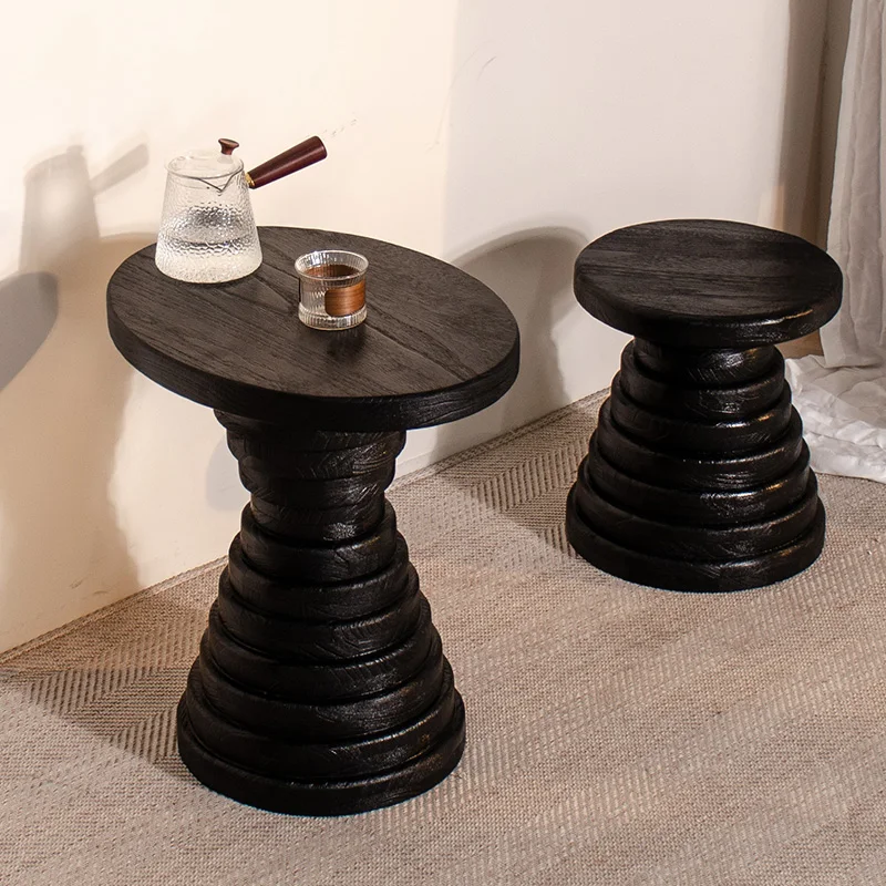 Black Round End Table Wabi-Sabi Nightstand for Living Room & Bedroom Minimalist Solid Wood Side