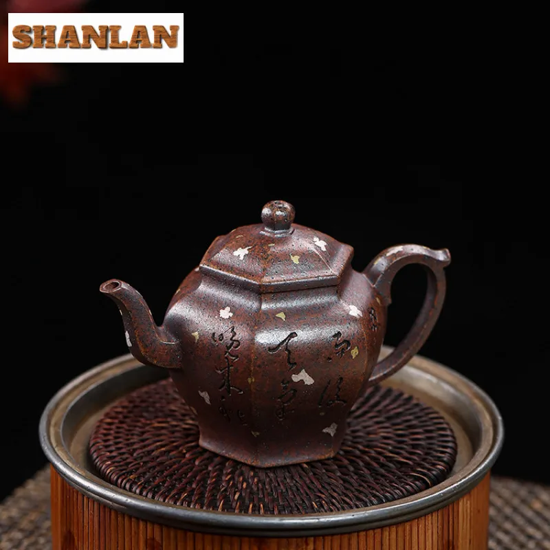 150ml Yixing Purple Clay Teapot Handmade Hexagonal Palace Lantern Pot Raw Ore Firewood Section Mud Tea Maker Kettle Zisha Teaset