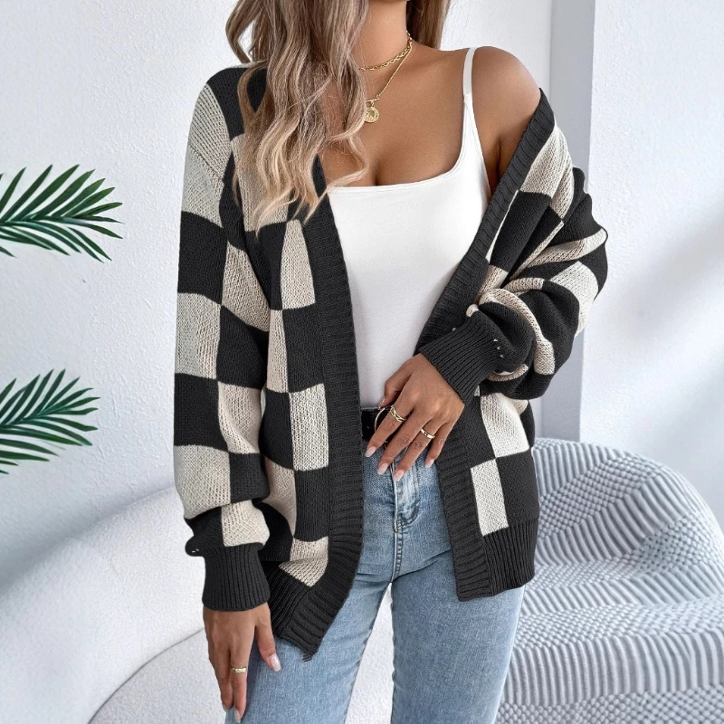 カーディガン女性セーターミッドレングスコートニットランタンスリーブジャンパー Y2k ストリートエレガントジャケットオープンスティス秋冬